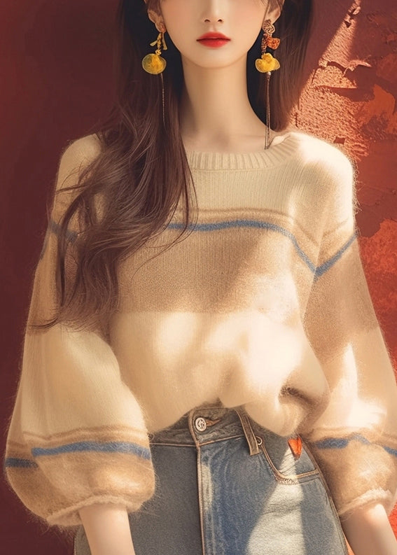 Apricot O Neck Cozy Patchwork Knit Sweater Winter