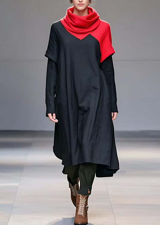 Black Turtleneck Fake Two Pieces Holiday Long Dress Long Sleeve