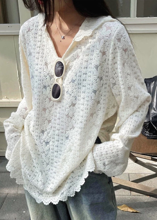 Modern White Hooded Knit Lace Shirts Spring