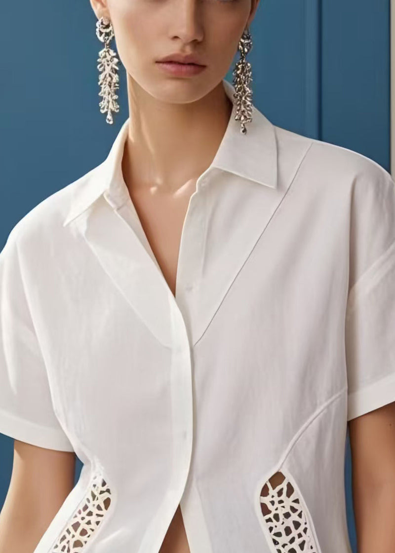 White Hollow Out Patchwork Silm Fit Blouses Summer