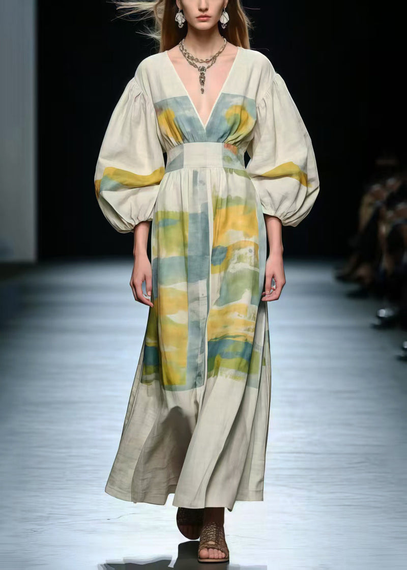 V Neck Print Cotton Long Dress Lantern Sleeve