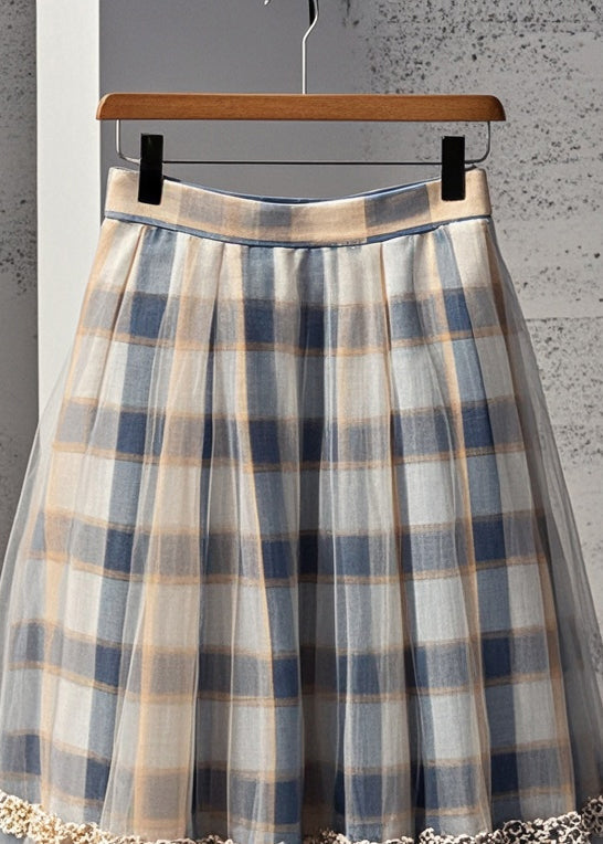 Khaki Plaid Tulle Pleated Skirt Summer