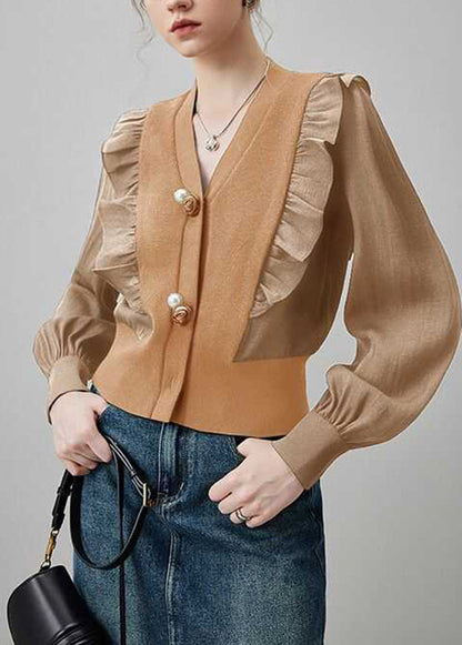 Khaki V Neck Ruffled Patchwork Silk Blouses Spring