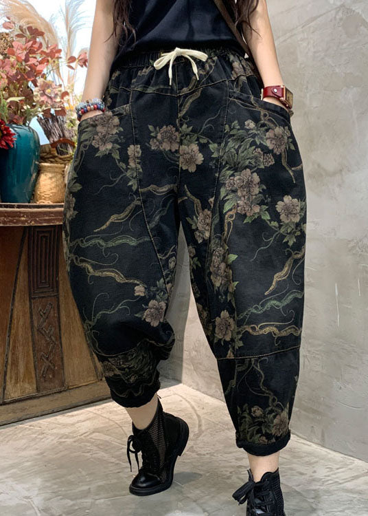Unique Black Retro Cinched Print Denim Pants Trousers Spring