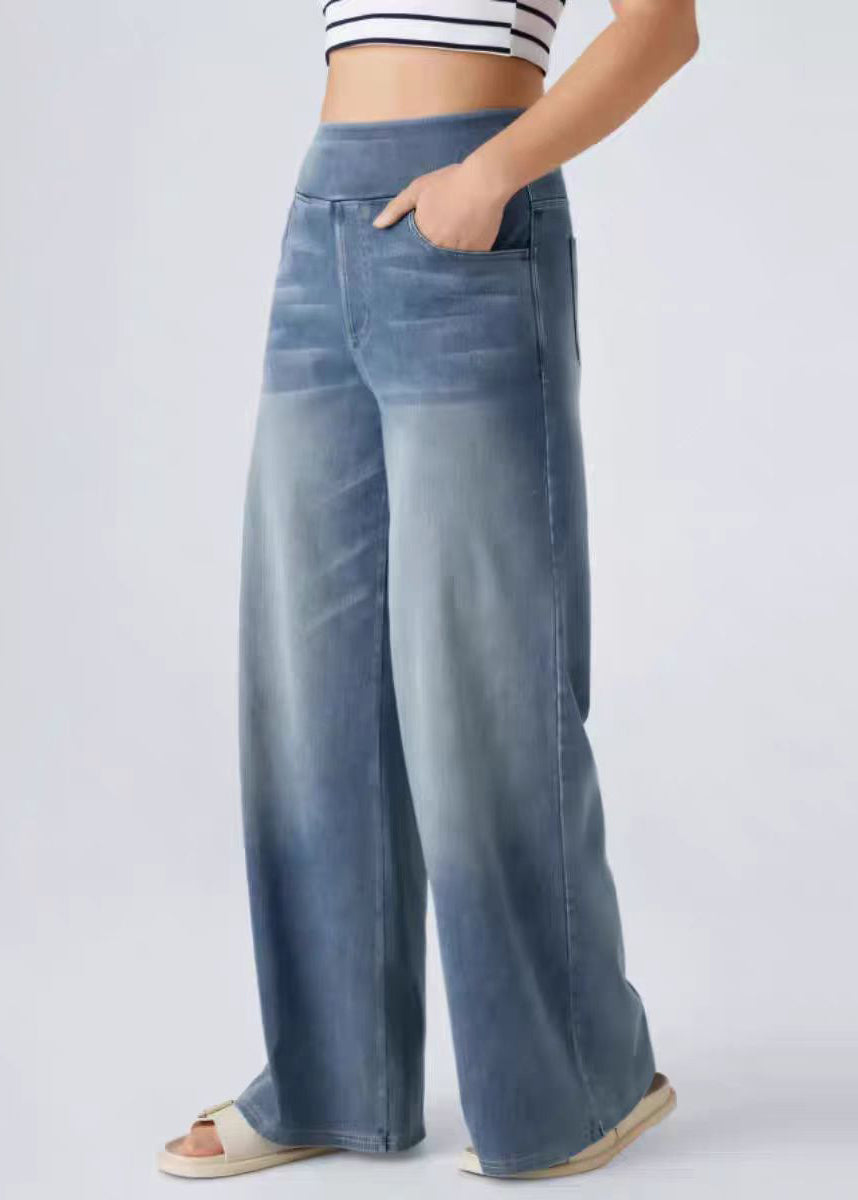 Light Blue Pockets Elastic Waist Denim Wide Leg Pants Summer