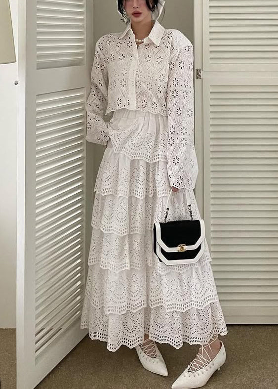 French White Hollow Out Shirts and Skirts Cotton Two Piece Set Fall