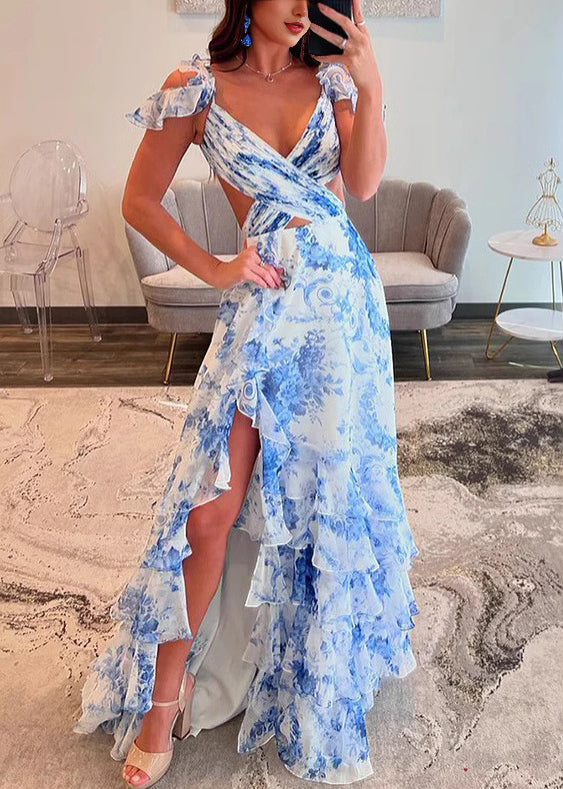 Blue Print Side Open Chiffon Maxi Dresses Sleeveless