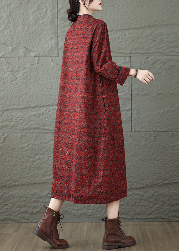 Red Stand Collar Print Oriental Button Cotton Dress Fall
