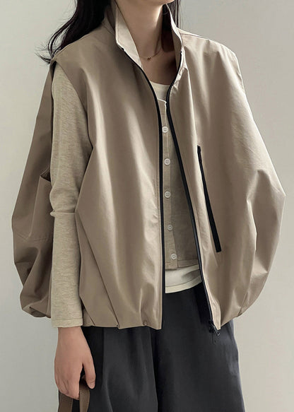 Boutique Khaki Stand Collar Zip Up Wrinkled Vest Sleeveless