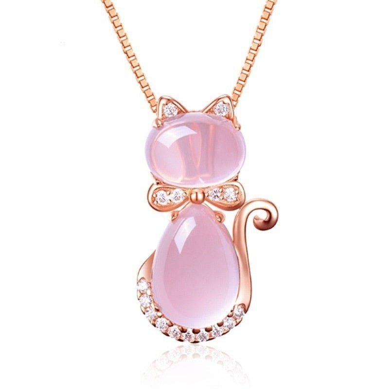 Pink Stone Cat Necklace With Zircon