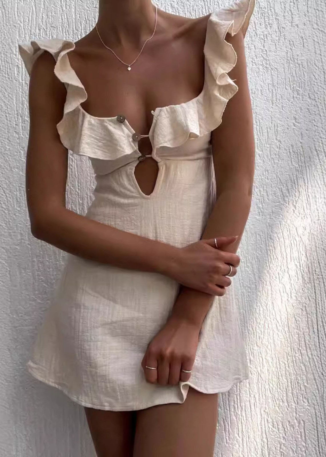 Vogue Beige Ruffled Patchwork Cotton Mini Dress Summer