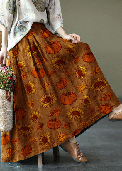 Pink-pumpkin Print Ramie Elastic Waist Skirt