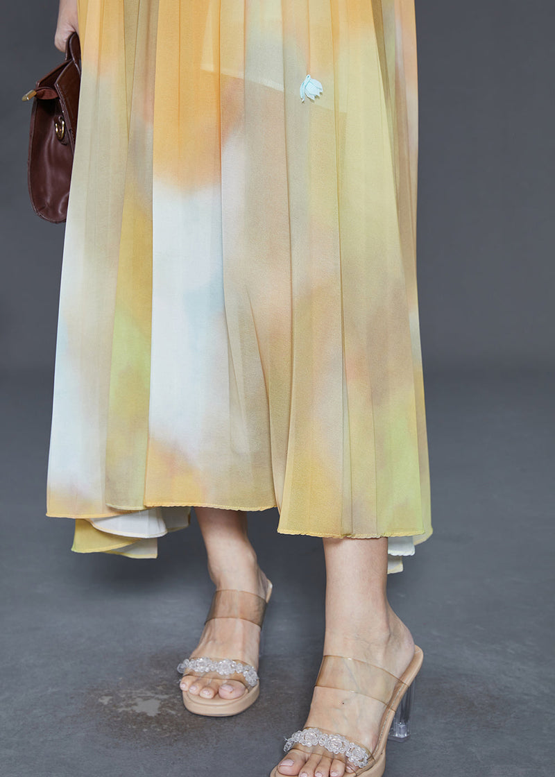 Yellow Cold Shoulder Tie Dye Chiffon Beach Dress Summer