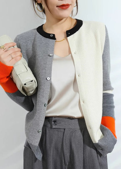 Green Patchwork Button Cotton Knitted Cardigans Fall