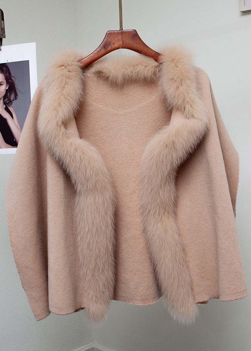 Milk Tea Camel Color Fox Collar Patchwork Woolen Coats Winter