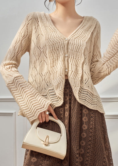 Beige V Neck Hollow Out Button Knit Cardigan Fall