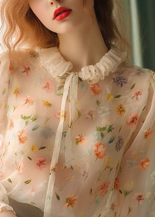 Ruffled Lace Up Print Chiffon Shirt Fall
