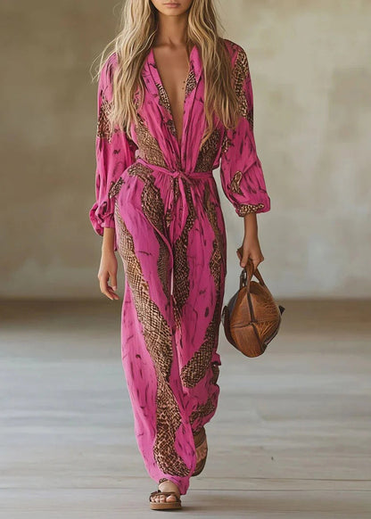 Pink V Neck Print Lace Up Cotton Jumpsuit Fall