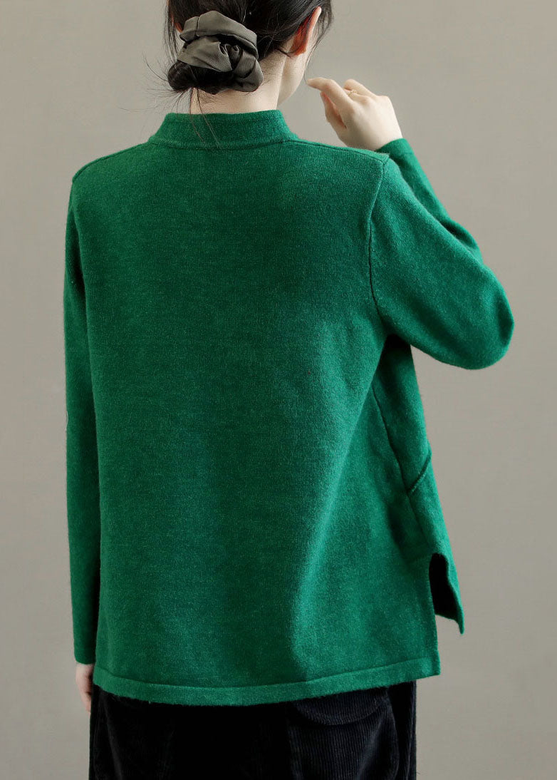 Green Mandarin Collar Embroidered Knit Sweaters Winter