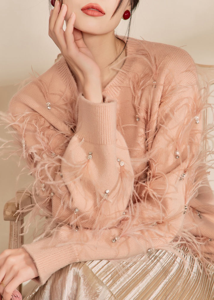 Organic Skin Pink O-neck Zircon Feather Cotton Knit Sweater Winter