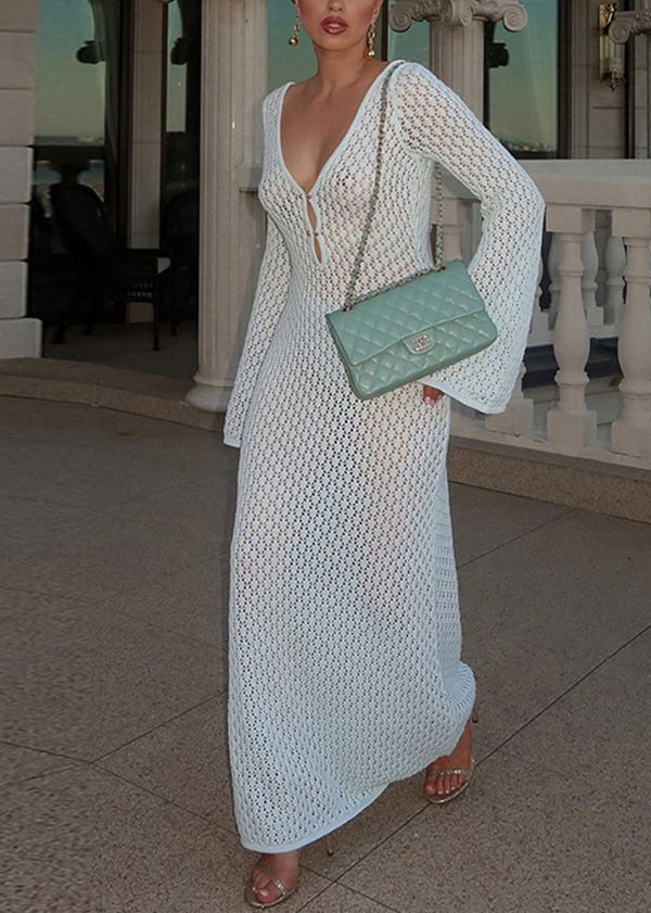 White V Neck Hollow Out Knit Long Dress Fall
