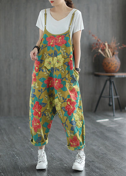 Yellow Oversized Print Cotton Jumpsuit Ripped Jeans Spring