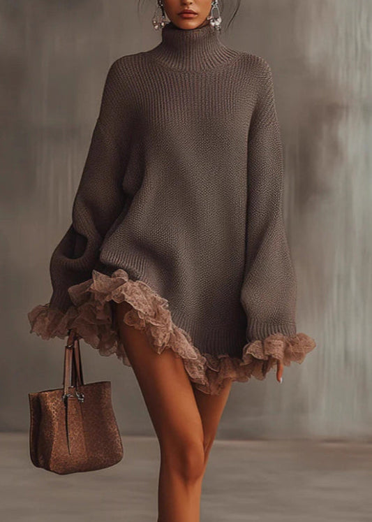 Brown Hign Neck Ruffled Patchwork Knit Sweater Dress Winter