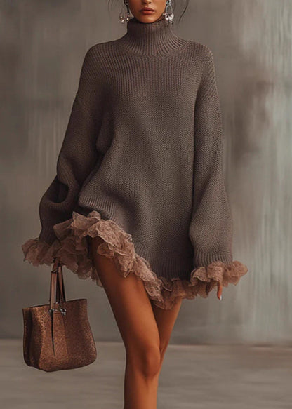 Brown Hign Neck Ruffled Patchwork Knit Sweater Dress Winter