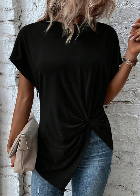 Black O Neck Asymmetrical Cotton Top Summer