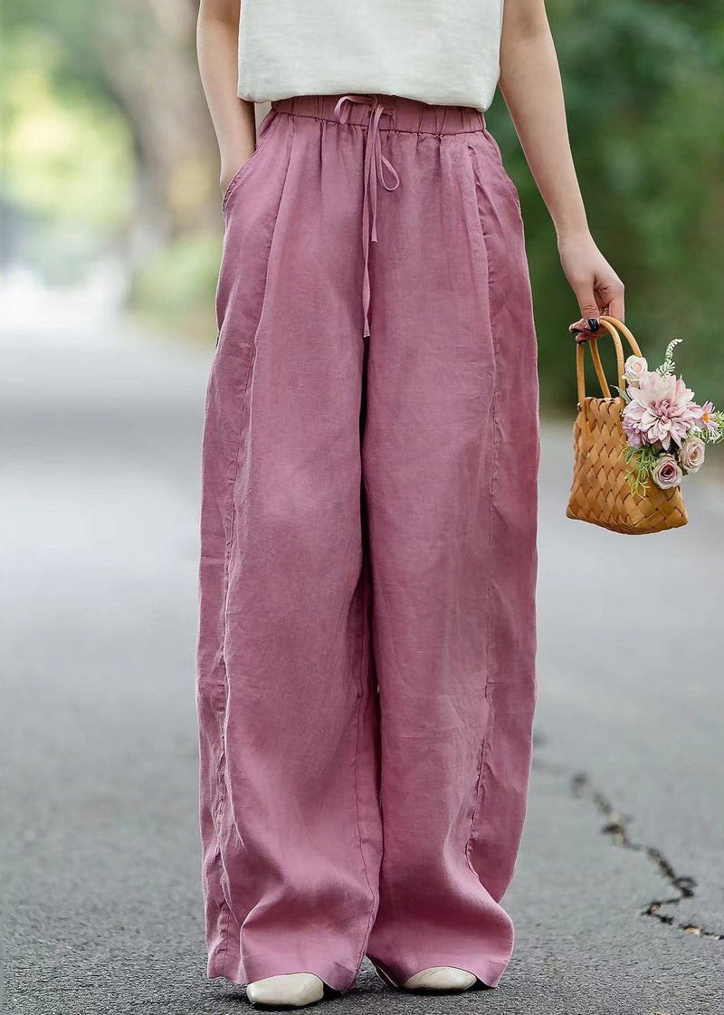 Pink Linen Summer Straight Pants Elastic Waist