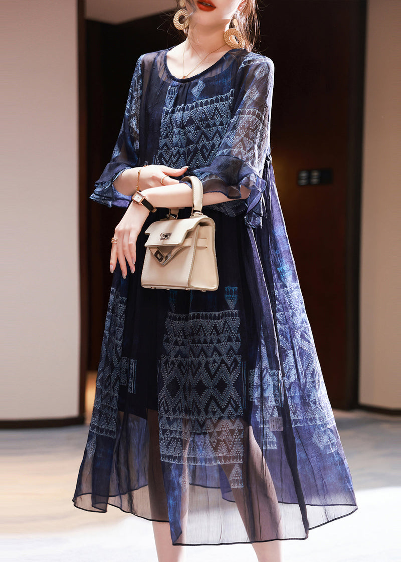 French Navy Cinched Print Chiffon Dress Summer
