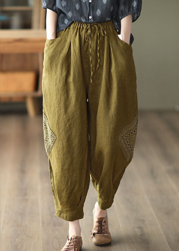 Khaki Lace Patchwork Linen Crop Pants Elastic Waist Fall