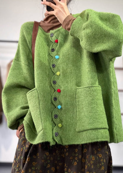 Green O Neck Pockets Button Knit Coat Spring