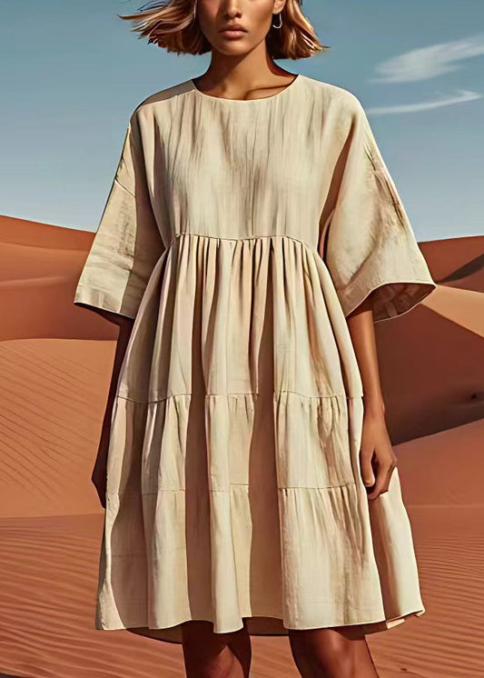 Loose Beige O Neck Wrinkled Patchwork Linen Mid Dresses Summer
