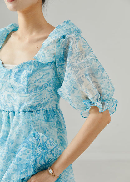 Blue Print Chiffon Full Dress Exra Large Hem Summer