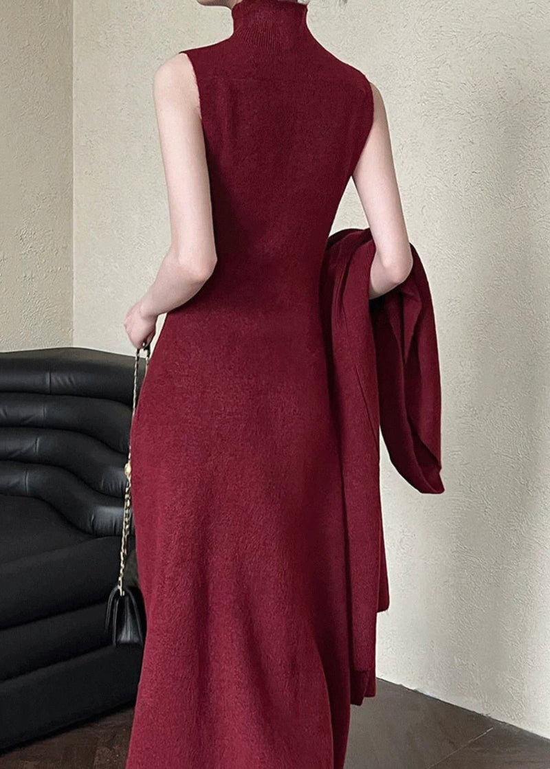 French Red V Neck Coat and Tank Dress Knit Two Pieces Set Spring