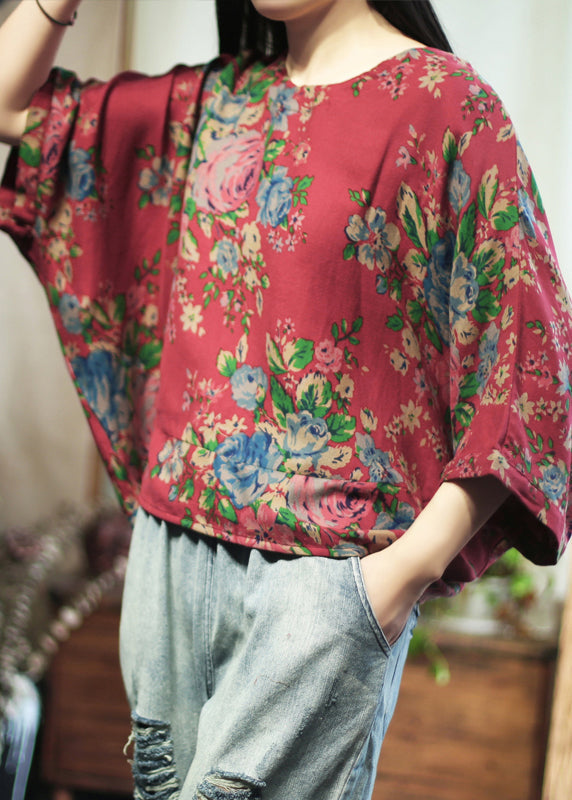 Loose Red O-neck Print Cotton T Shirt Long Sleeve