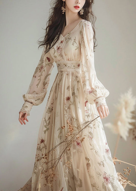 V Neck Print High Waist Chiffon Dress Long Sleeve