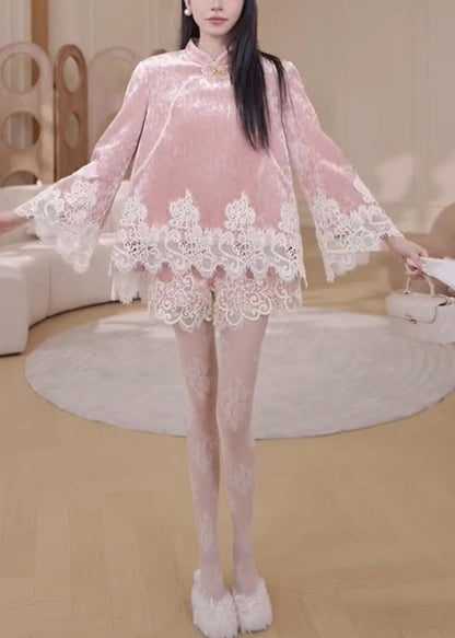 Pink Stand Collar Lace Patchwork Silk Velvet Shirts and Shorts Two Pieces Set Fall