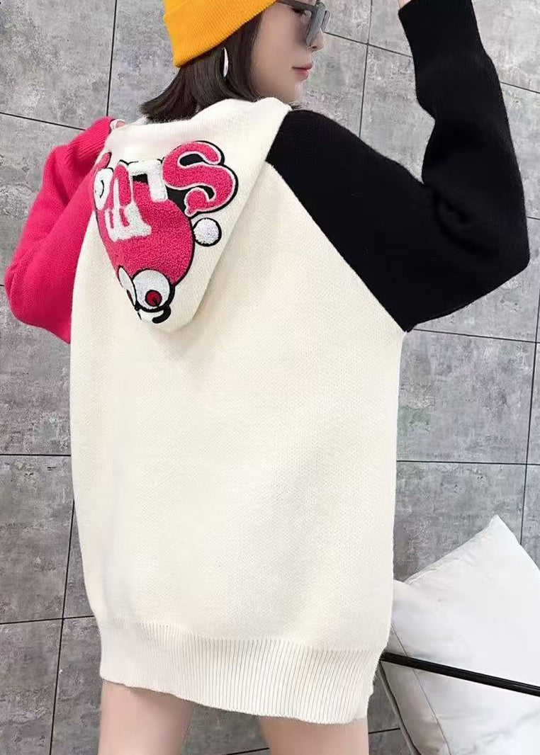 White Hooded Cartoon Print Knit Top Spring