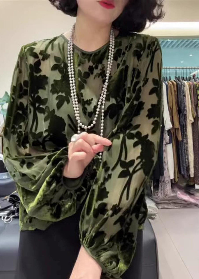 Green O Neck Jacquard Silk Velour Top Fall