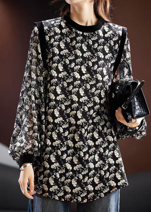 Stylish Black O Neck Print Chiffon Blouse Fall