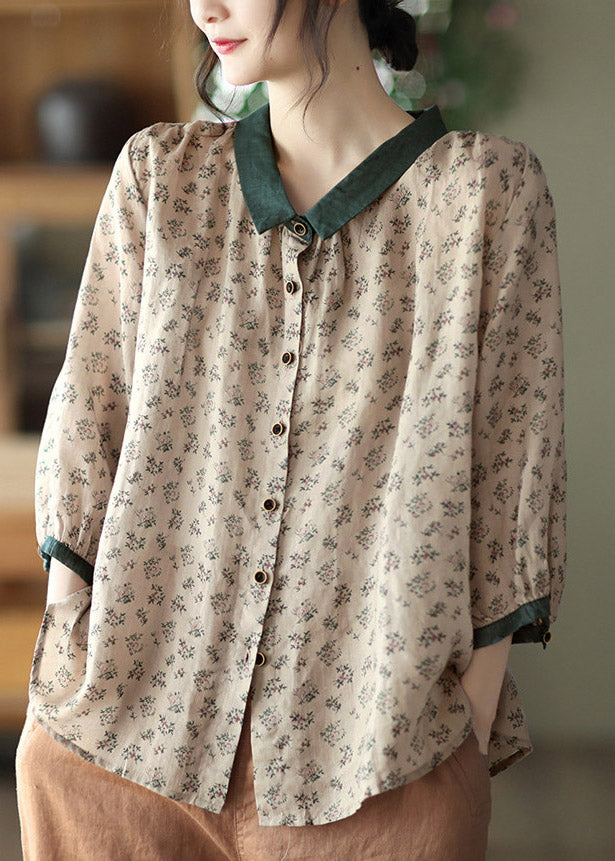 Brown Peter Pan Collar Print Button Linen Shirt Long Sleeve