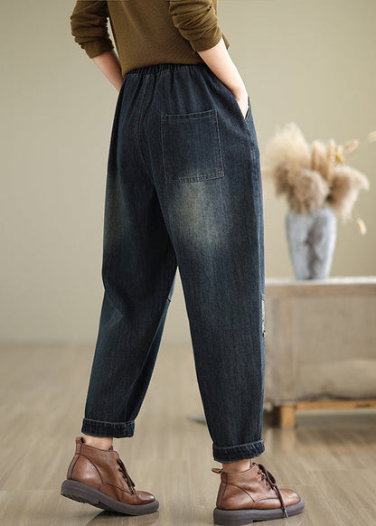 Navy Pockets Elastic Waist Denim Pants Fall