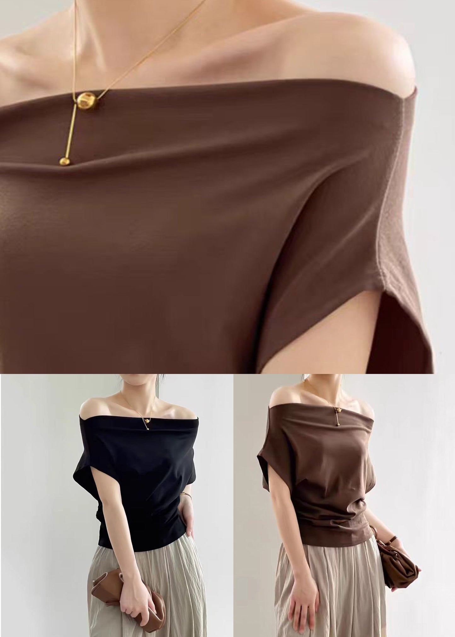Coffee Cotton Summer T Shirts Cold Shoulder