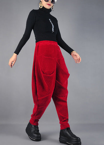 Diy Red Wrinkled Pockets Velvet Harem Pants Spring