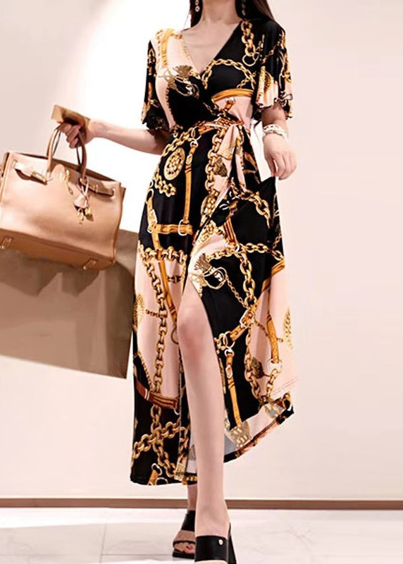 Gold V Neck Print Lace Up Cotton Long Dresses Summer