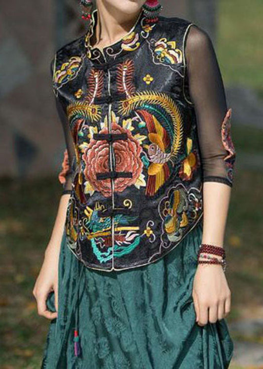 Black Stand Collar Embroidered Patchwork Silk Vest Sleeveless