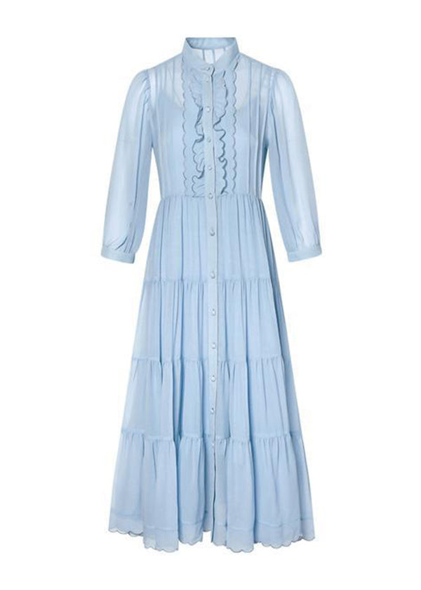 Classy Blue Ruffled Button Patchwork Silk Long Dresses Summer