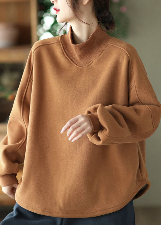 Brown Stand Collar Oversized Warm Fleece Sweatshirt Winter